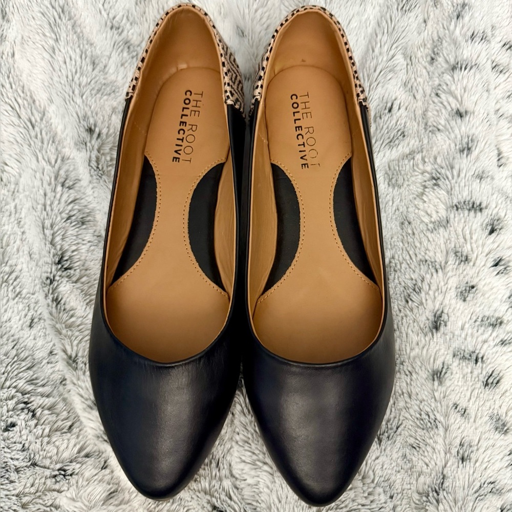 The Root Collective Thea flats in noir leather w/ gold spiral heel size 9 NEW